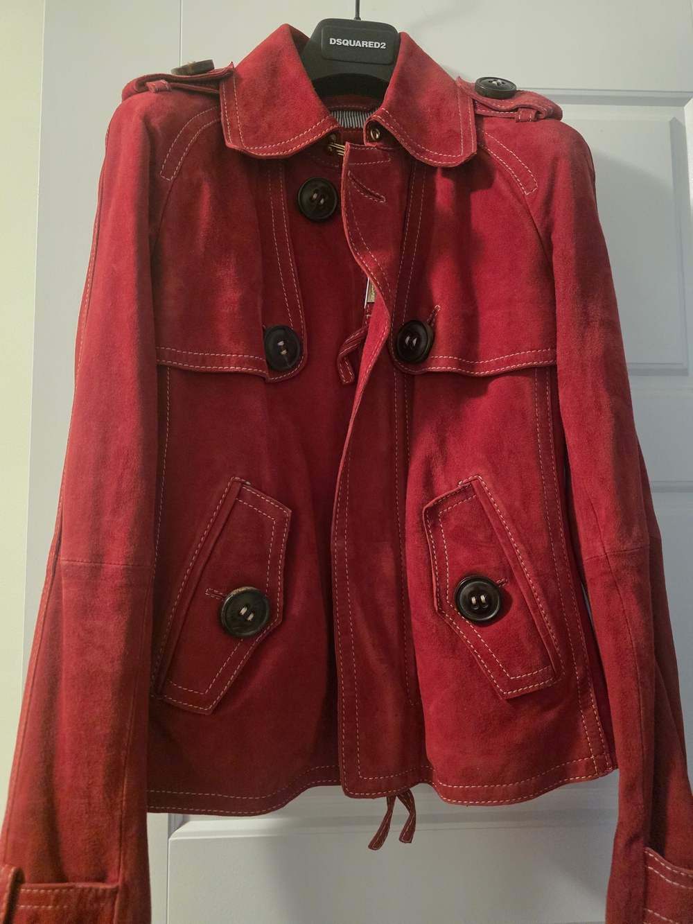 DSQUARED2 Red Suede Trench Coat with Button Details